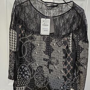 Zara Black Patterned Lace Blouse